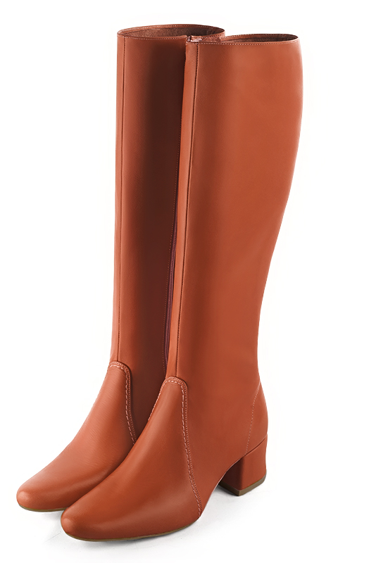 Terracotta orange women's feminine knee-high boots. Round toe. Low flare heels. Made to measure. Front view - Florence KOOIJMAN